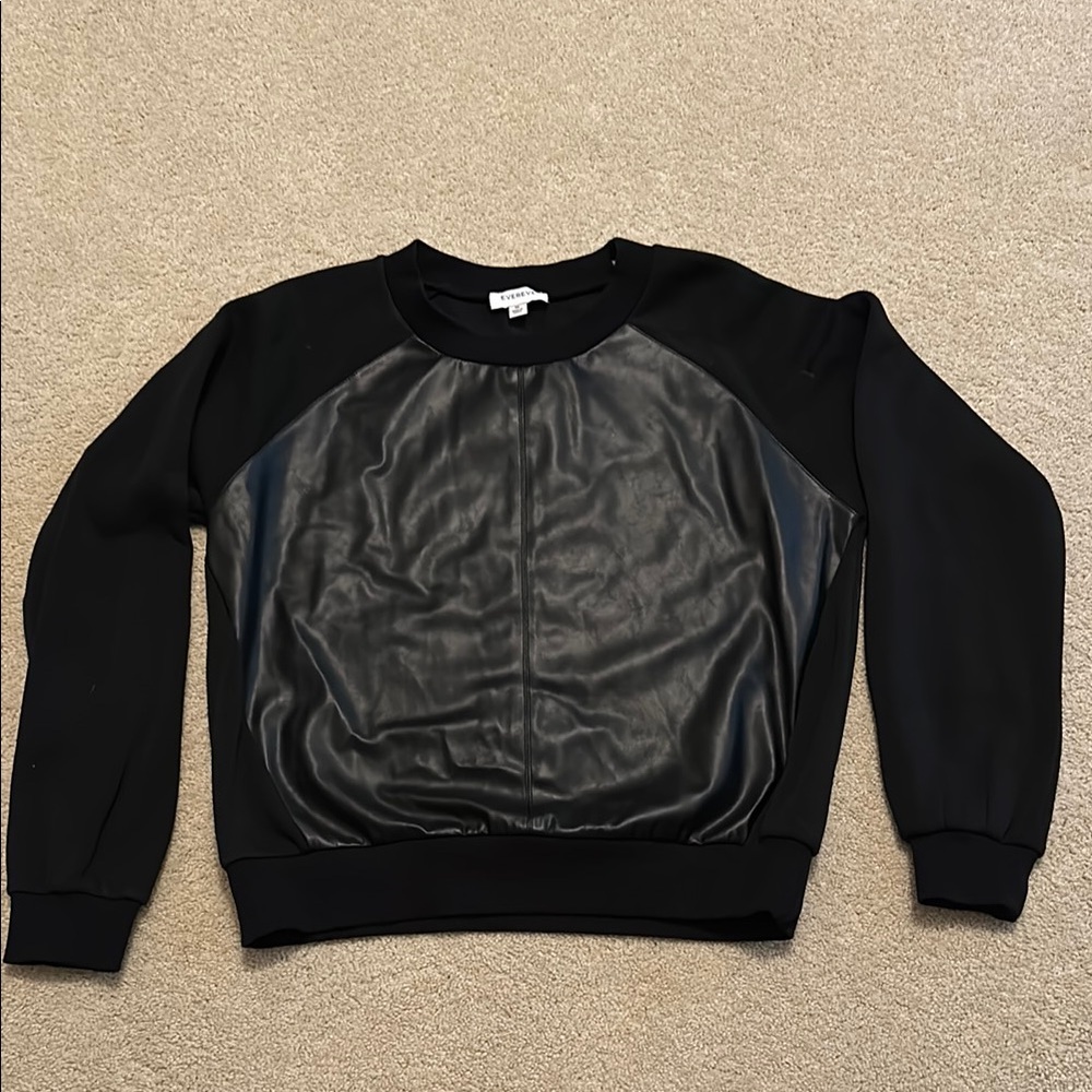 Evereve Black Crew Neck Sweater with Faux Leather Panel